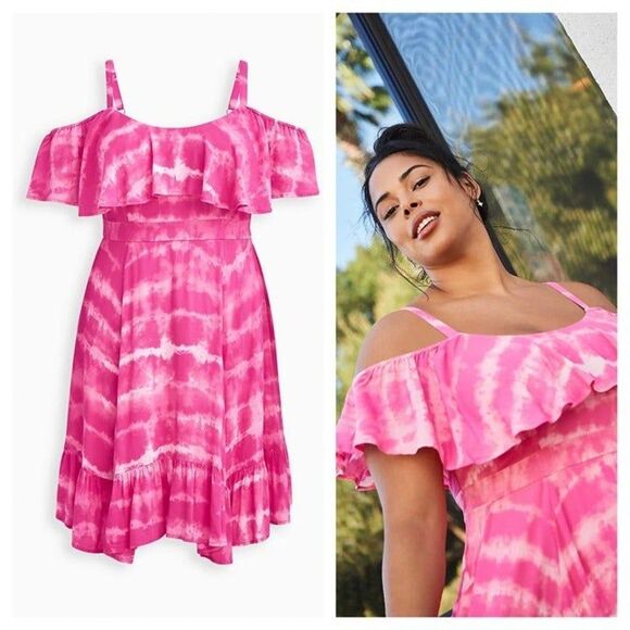 Torrid 00X Tie-Dye Cold Shoulder Handkerchief Skater Dress - Picture 3 of 4